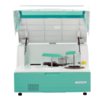 Open laboratory instrument with teal base and raised lid; interior shows two green supports and a circular rotor for samples