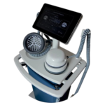 Portable medical monitor on a wheeled stand with a touchscreen display and coiled hoses connected to dome-shaped sensors.