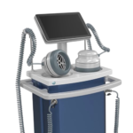 An anesthesia ventilator on a wheeled cart with a display screen and coiled tubing connected to a breathing circuit.