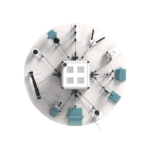 Top-down view of a white circular lab platform with a central control unit and eight connected workstations around the rim.