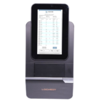 Portable medical analyzer with a touchscreen displaying a results table and Print, Last, Next, Back controls.