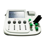 Medical diagnostic analyzer with touchscreen, five control knobs, and green-capped reagent vials.
