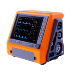 Portable medical ventilator with a bright orange body and a touchscreen display showing respiration waveforms and settings on the screen.