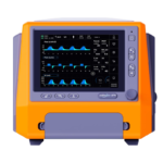 Portable orange medical ventilator with a touchscreen monitor showing waveform graphs and patient data on the screen.