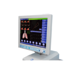 Medical patient monitor displaying vital signs and graphs on screen.
