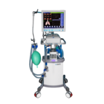 An anesthesia machine on a wheeled cart with a monitor showing patient vitals and breathing circuits exposed to the sides.