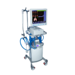 An anesthesia machine on a wheeled stand with a monitor showing vital signs and patient lung graphics