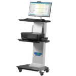 Mobile medical workstation: a wheeled cart with a monitor, keyboard tray, and printer (clinic use).