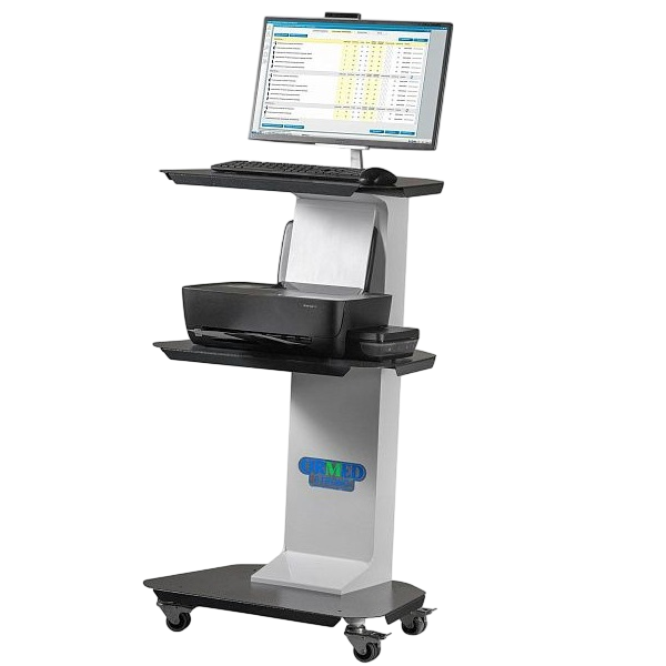 Mobile medical workstation: a wheeled cart with a monitor, keyboard tray, and printer (clinic use).