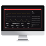Monitor displaying a dark dashboard with multiple line graphs and numeric metrics in a red-framed panel on the screen.