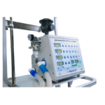 An anesthesia machine on a cart with a control panel, digital readouts, and connected blue hoses for patient ventilation.
