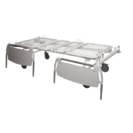 Adjustable hospital bed on wheels with side rails and a frame for patient support, no patient present.