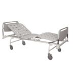 Hospital stretcher with adjustable head and foot sections, on wheels for patient transport.
