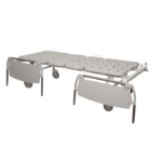 Medical transport stretcher on wheels with foldable ends, used for patient transfer