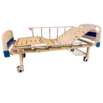 Electric hospital bed with adjustable backrest and leg sections on wheels.