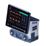 Ventilator with a large touchscreen display showing colorful waveforms and control dials on the base unit, used for patient breathing support