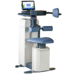 Medical rehabilitation device with a padded blue chair, adjustable arm supports, and a mounted touchscreen monitor.