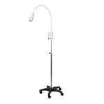 White adjustable gooseneck lamp on a chrome, wheeled stand for mobile use