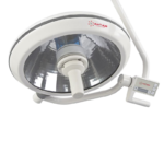 White medical ceiling surgical lamp with adjustable arms and control panel, designed to illuminate the surgical area.