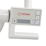 Close-up of a white medical device control panel with five buttons (power and light icons) mounted on a curved stand, showing a brand logo on the panel.