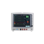 Medical patient monitor showing heart rate and vital signs with waveform graphs and numeric readings 85 BPM and 99% SpO2 on the display.