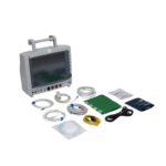 Portable medical monitor with attached cables and accessory kit laid out in front of it.
