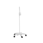 Adjustable medical exam light on a wheeled stand with five casters and a vertical pole