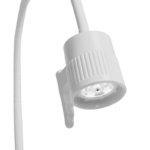 White wall-mounted adjustable LED spotlight attached to a vertical panel, angled downward