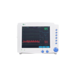 Portable patient monitor showing heart rate 95 and SpO2 98 with waveform graphs on screen and blue control knobs on the side