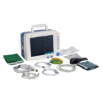 Portable patient monitor with multiple ECG leads and accessories laid out in front of it