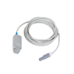 White medical sensor lead with a clip-style sensor at one end and a detachable connector on the other, coiled cable for patient monitoring