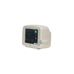 Beige medical patient monitor showing vital signs on the screen (heart rate and oxygen saturation) with ECG readouts and numeric values 85 and 99 on display.