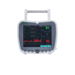Portable patient monitor with a handle, displaying heart rate and waveform data on the screen at the top (81 bpm, 96% SpO2).