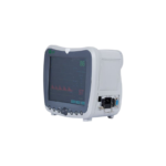 Portable patient monitor displaying heart rate and vital signs with waveform on screen and control buttons front, medical device for clinical use