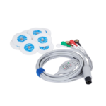 Set of adhesive medical electrode pads with blue centers and a long white multi-channel lead wire ending in a circular connector, used for ECG/TES monitoring.