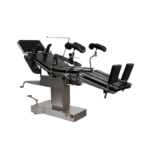 Surgical operating table with multiple adjustable sections and leg supports in a hospital setting.