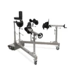 Medical leg traction device on a wheeled metal frame with foot supports and cuffs